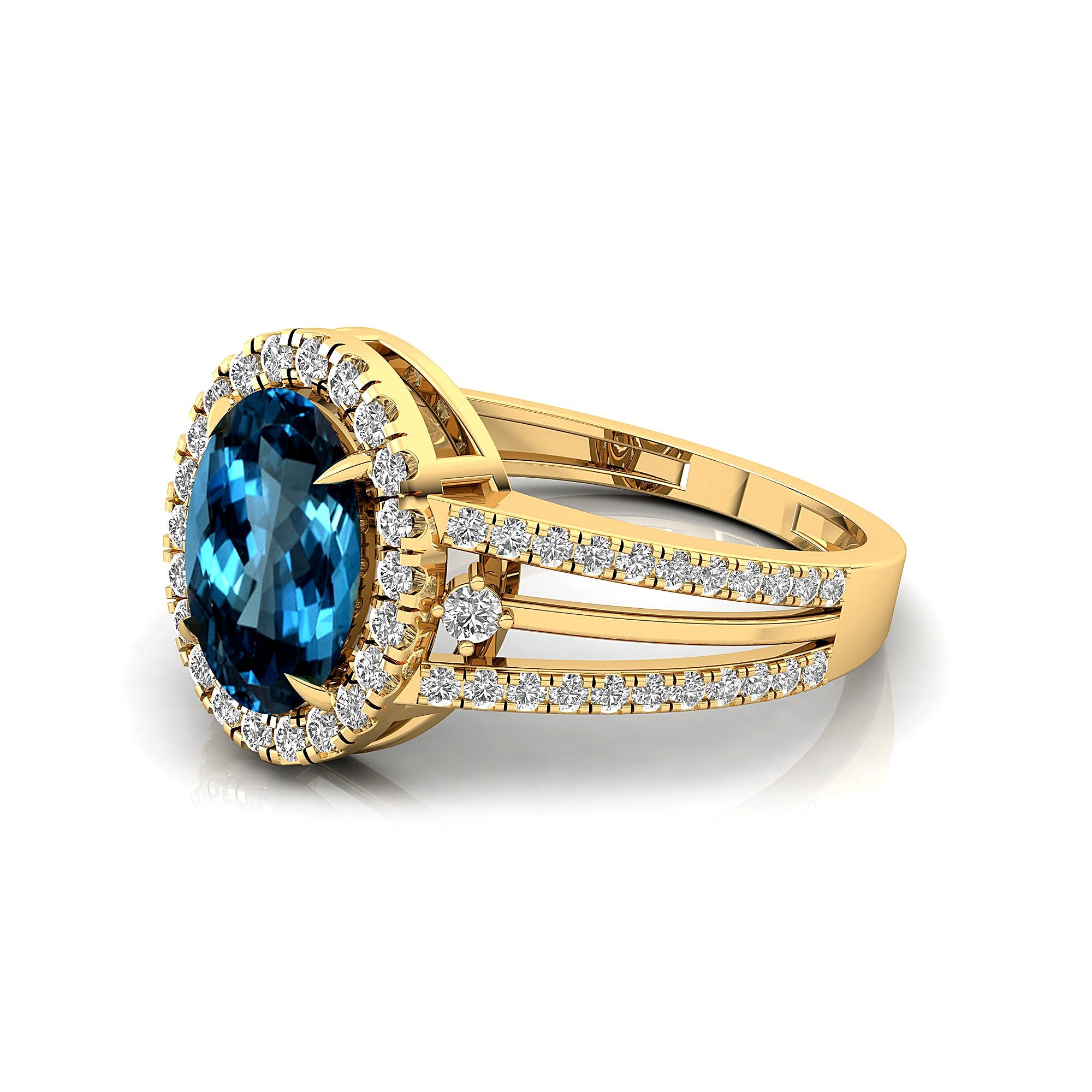 Solitaire Oval London Blue Topaz Split Shank Diamond Engagement Ring - GeumJewels