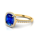 Halo Diamond Engagement Ring with Cushion Cut Blue Sapphire - GeumJewels