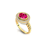 Vintage Style Elongated Oval Pink Sapphire Halo Diamond Twisted Ring - GeumJewels
