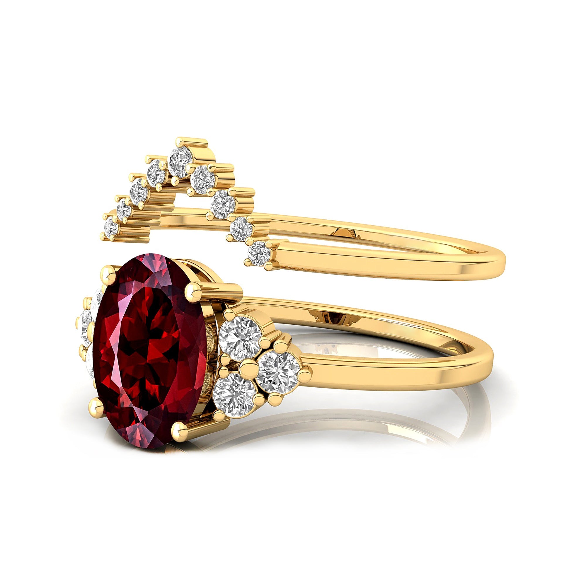 Garnet Solitaire Gold Ring With Stackable Diamond Band - GeumJewels