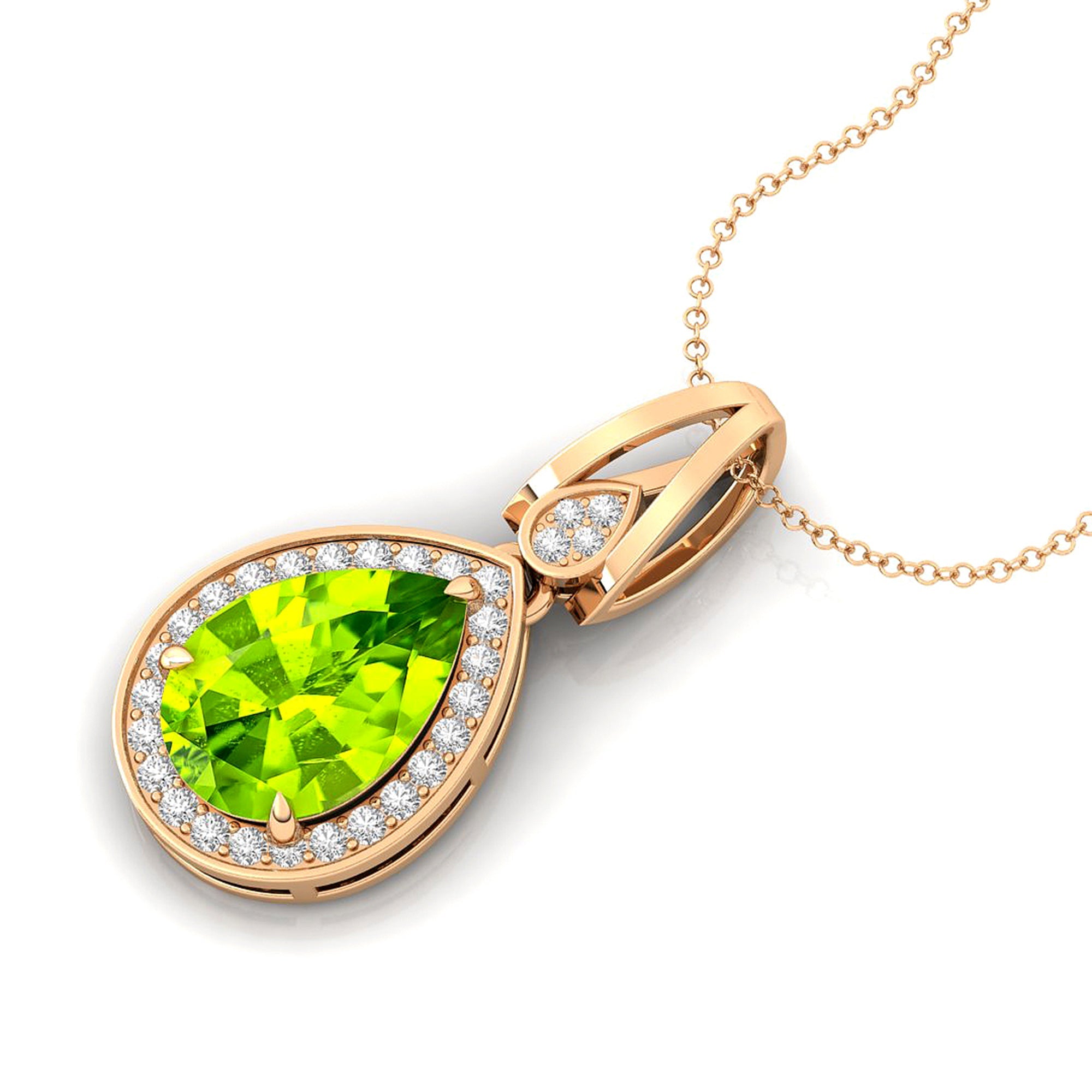 Classic Teardrop Shaped Peridot Halo Diamond Dangle Pendant - GeumJewels
