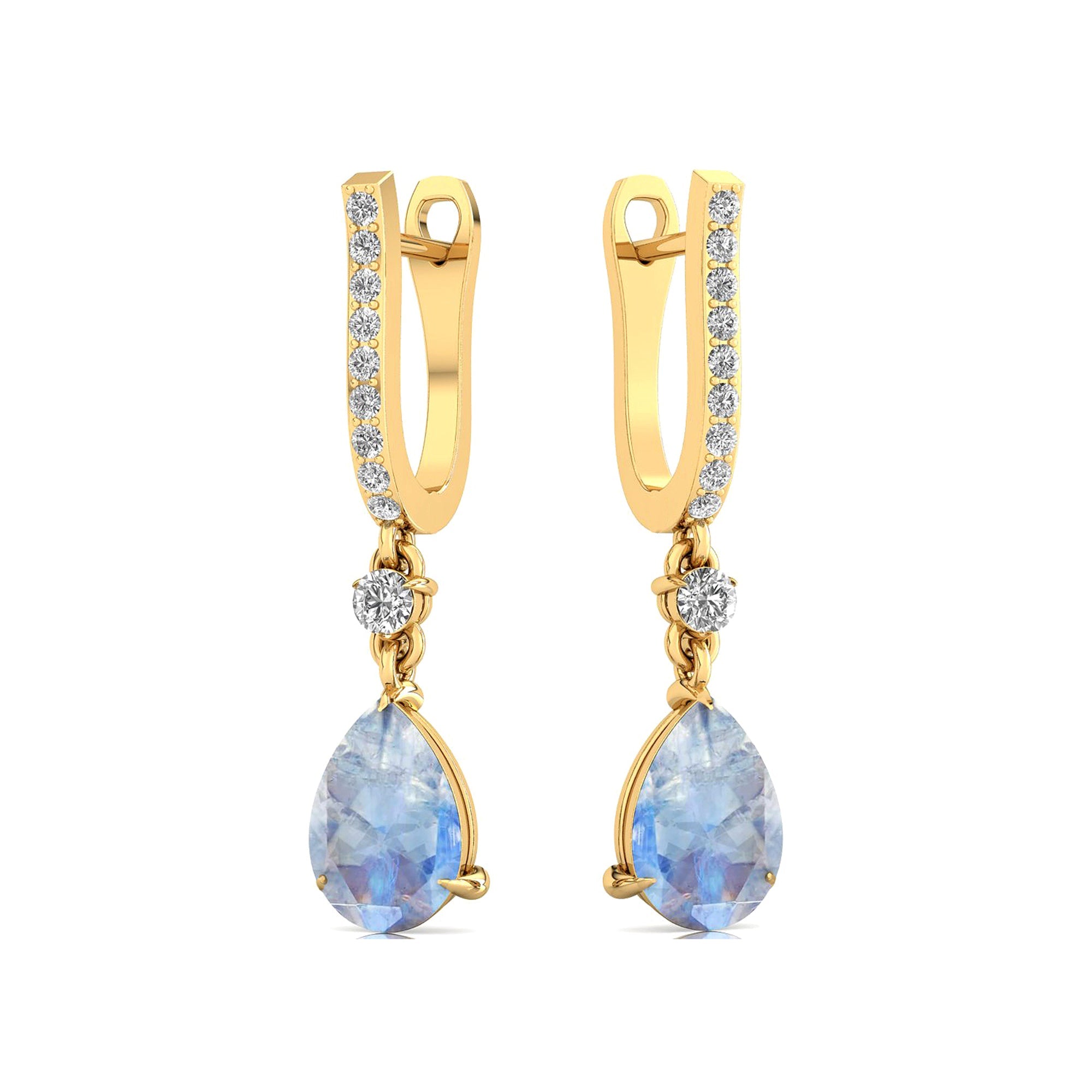 Lever Back Diamond Drop Earrings with Pear Cut Moonstone - GeumJewels