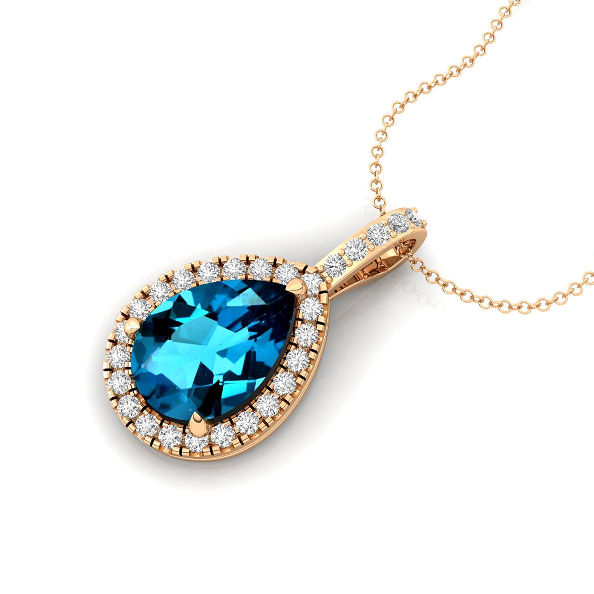London Blue Topaz Teardrop Pendant with Diamond Halo - GeumJewels