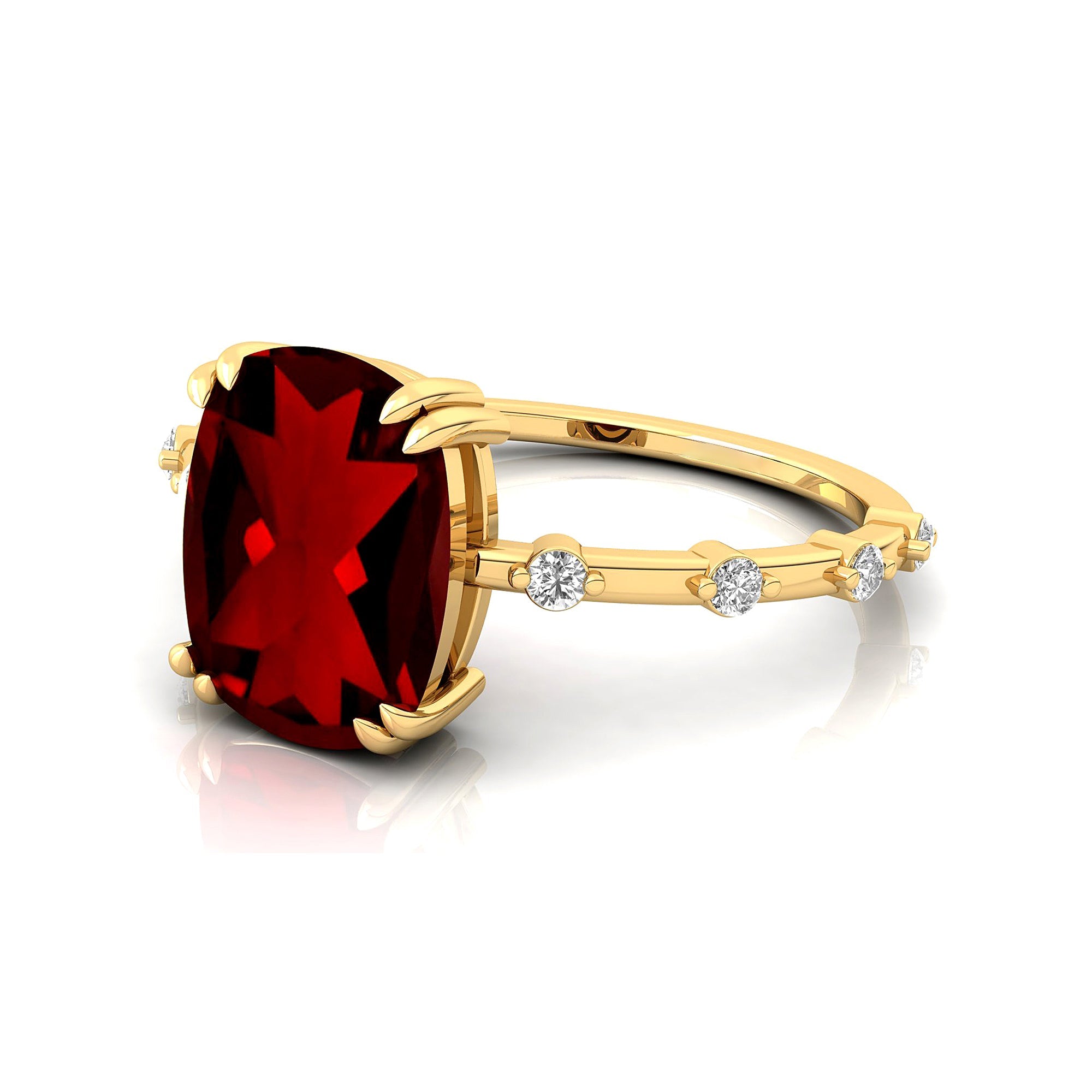 Cushion Cut Garnet Engagement Ring with Distant Diamond Band - GeumJewels