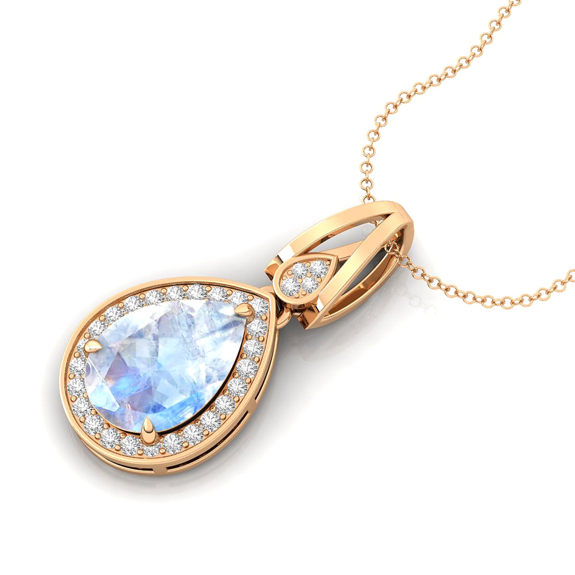 Classic Teardrop Shaped Moonstone Halo Diamond Dangle Pendant - GeumJewels