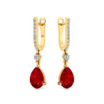 Lever Back Diamond Drop Earrings with Pear Cut Ruby - GeumJewels