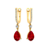 Lever Back Diamond Drop Earrings with Pear Cut Ruby - GeumJewels