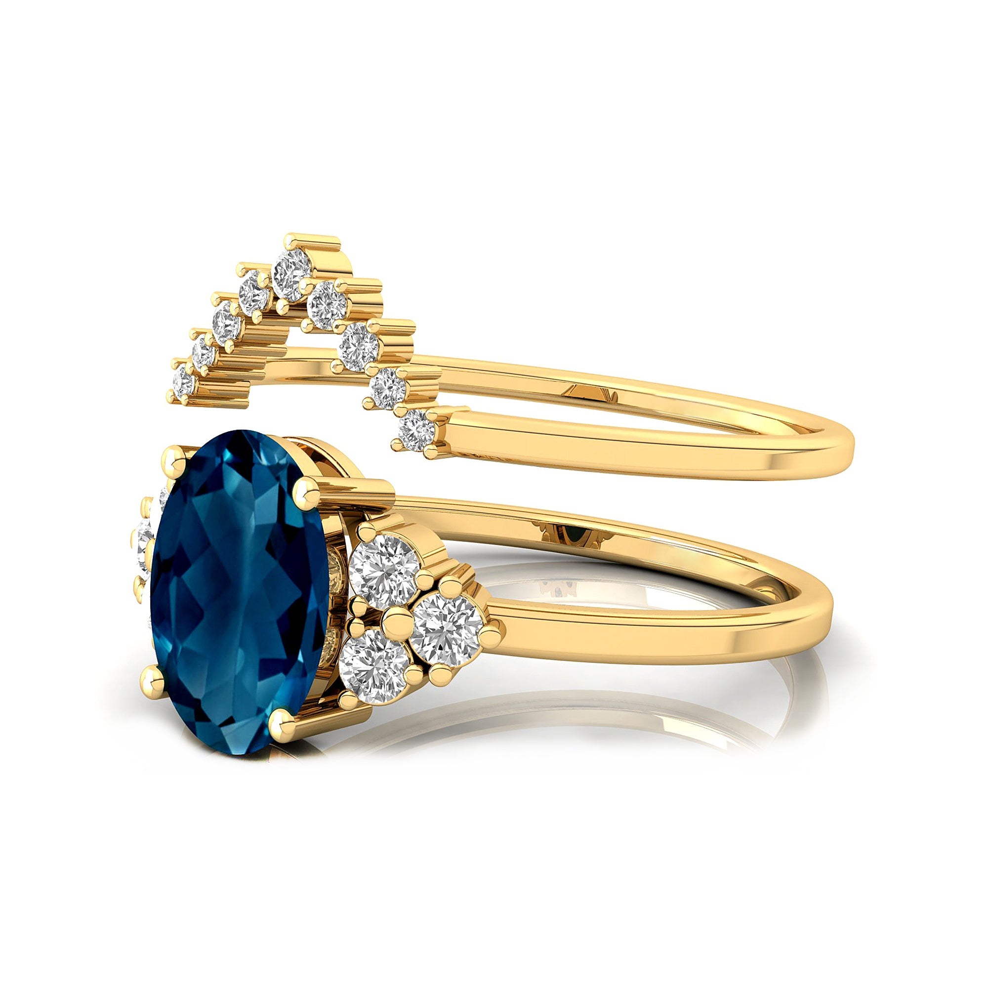 London Blue Topaz Gold Ring With Stackable Diamond Band - GeumJewels