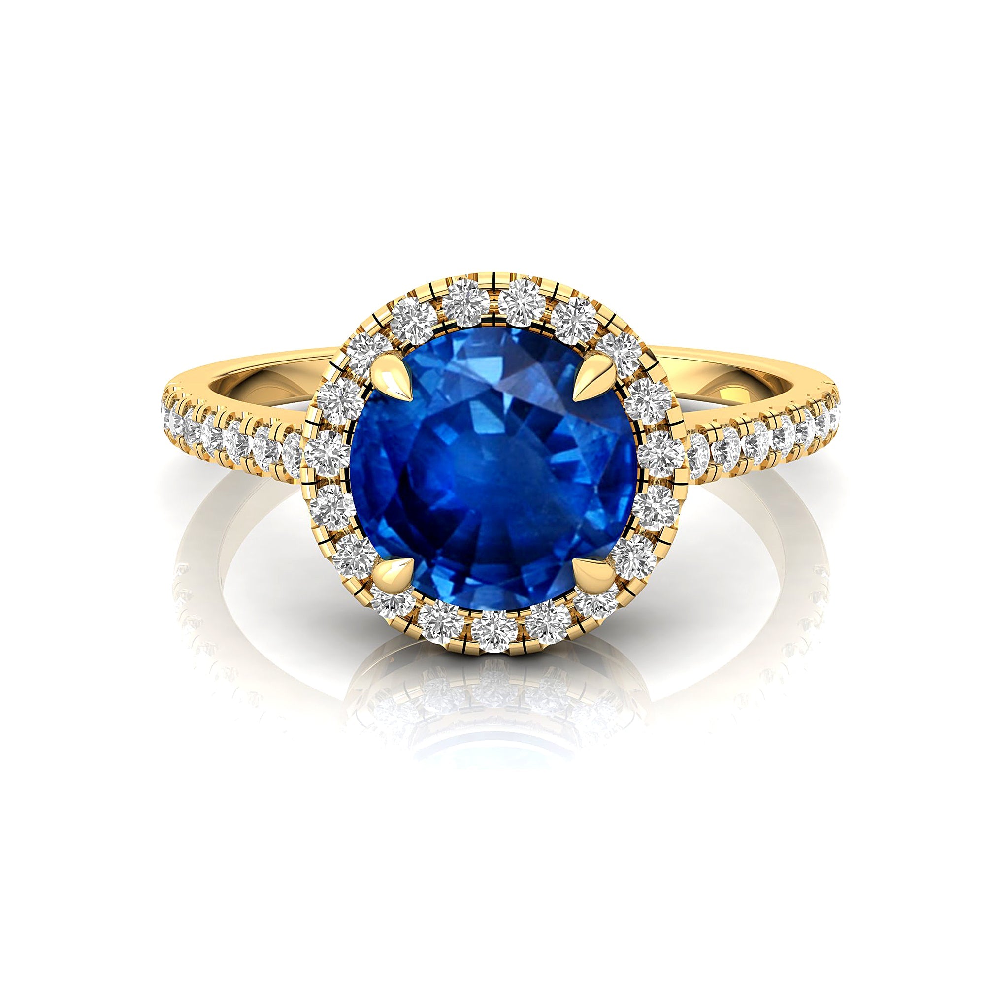 Classic Round Halo Diamonds with Solitaire Blue Sapphire Engagement Ring - GeumJewels