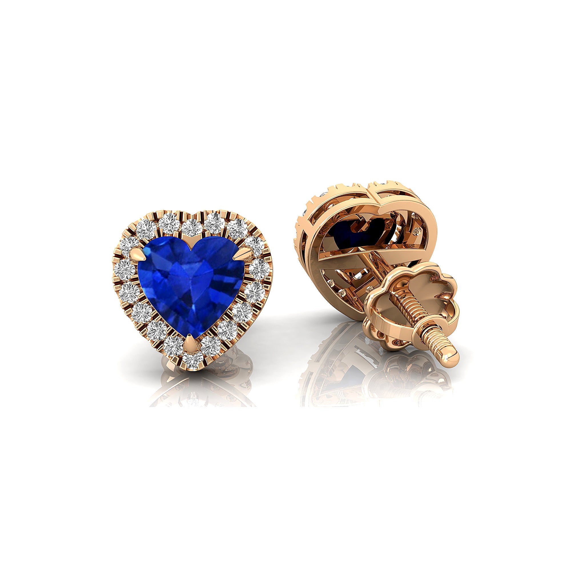 Heart Shaped Blue Sapphire Halo Diamond Stud Earrings - GeumJewels