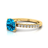 Swiss Blue Topaz Square Cushion Under Halo Diamonds Thin Ring with Diamond Band - GeumJewels