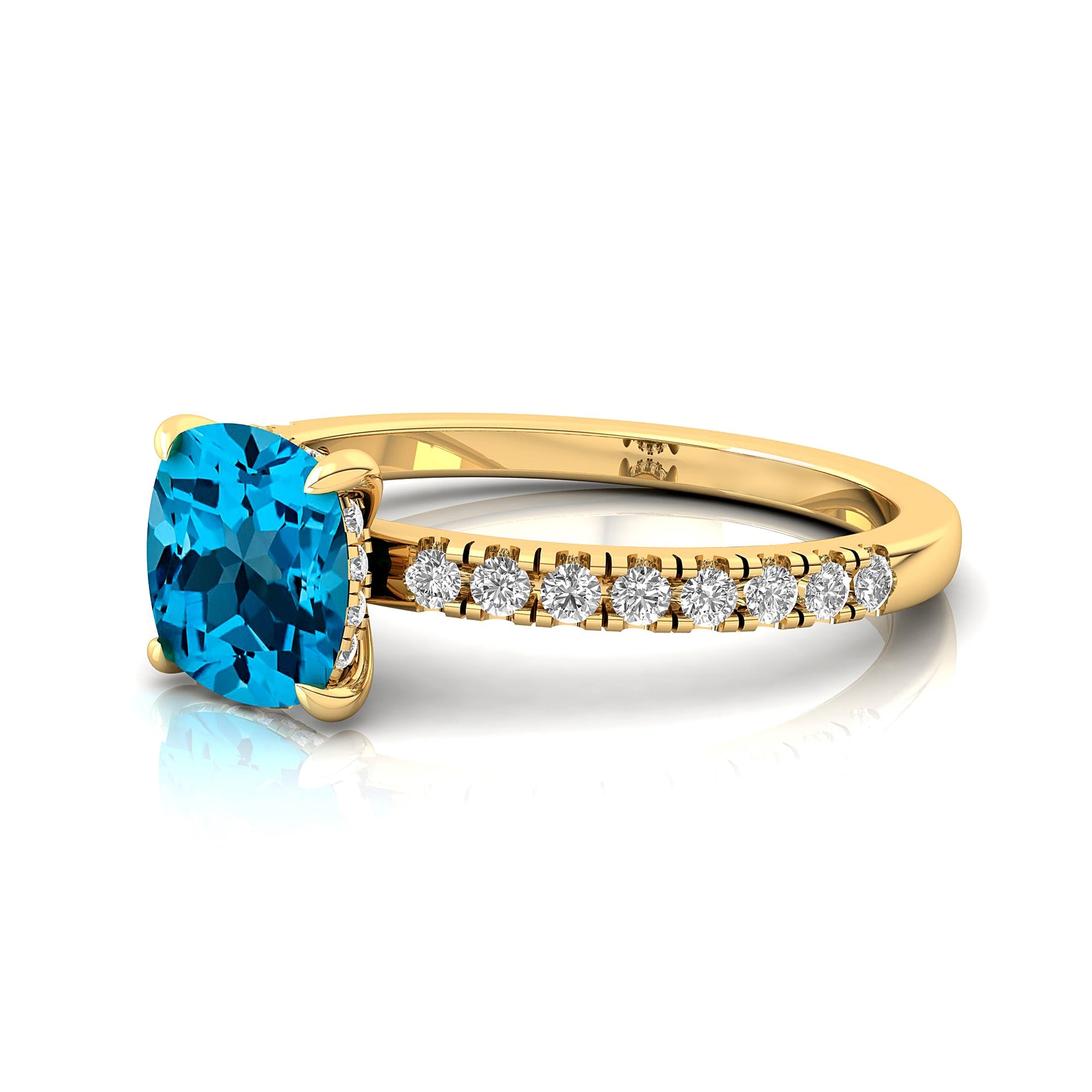 Swiss Blue Topaz Square Cushion Under Halo Diamonds Thin Ring with Diamond Band - GeumJewels