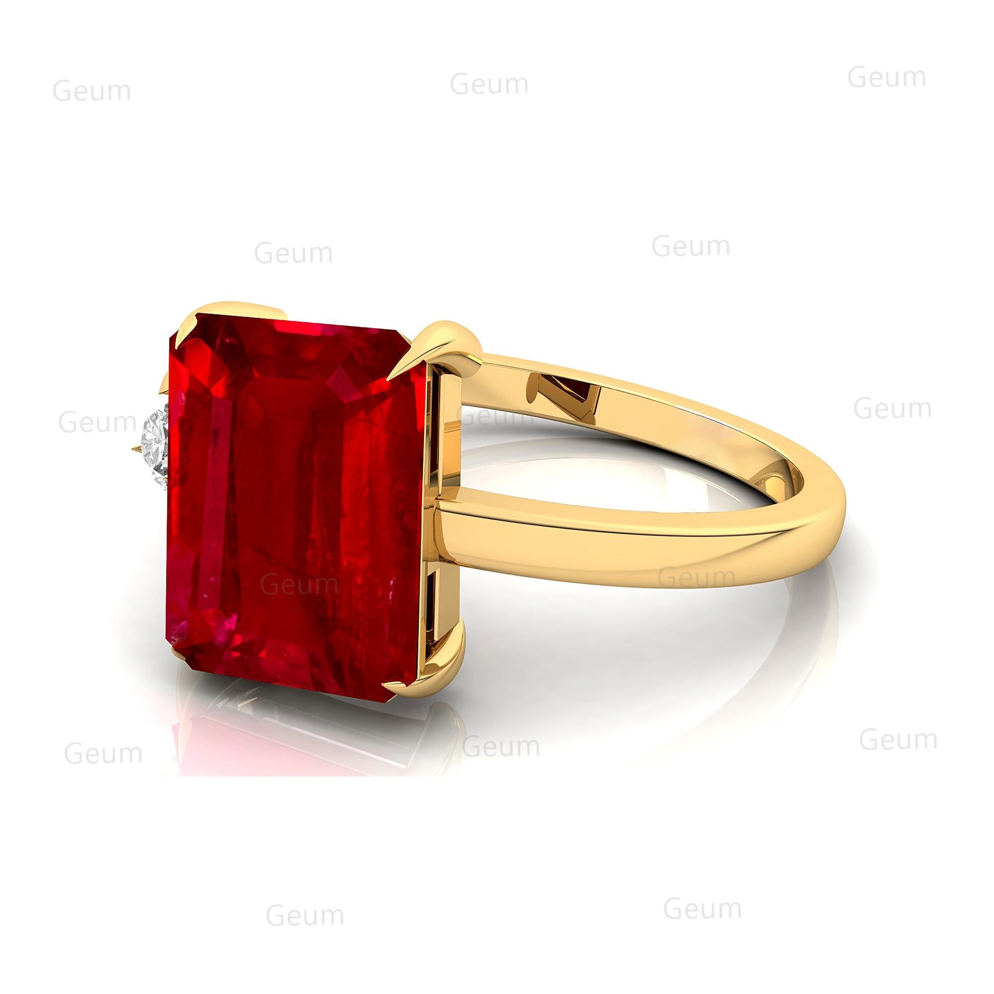 Emerald Shaped Ruby with 3mm Accent Solitaire Engagement Ring - GeumJewels