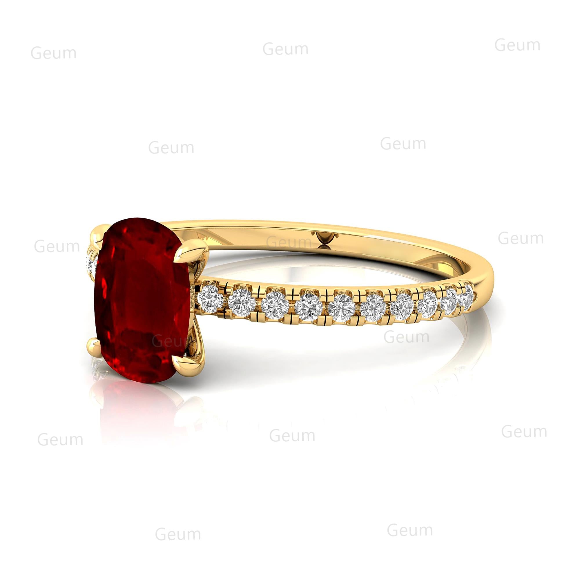 Long Cushion Ruby Thin Diamond Promise Ring - GeumJewels