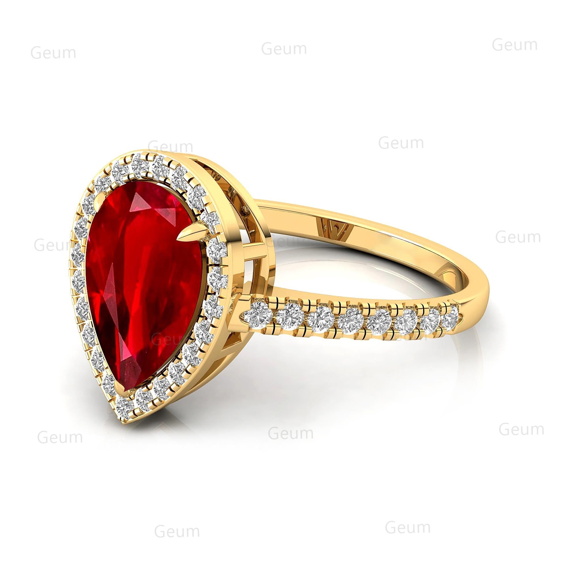 Classic Pear Shaped Ruby Halo Diamond Engagement Ring - GeumJewels
