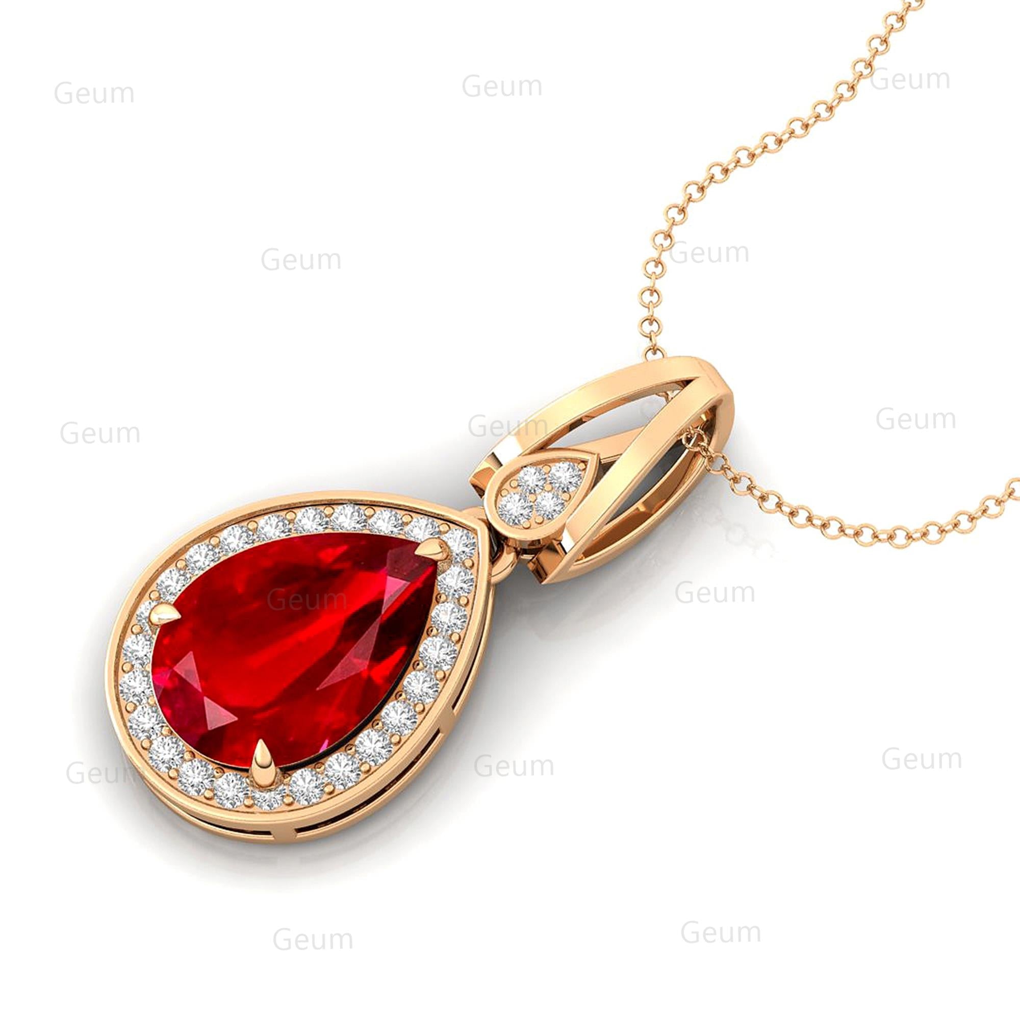 Classic Teardrop Shaped Ruby Halo Diamond Dangle Pendant - GeumJewels