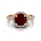 Classic Round Halo Diamonds with Solitaire Ruby Engagement Ring - GeumJewels