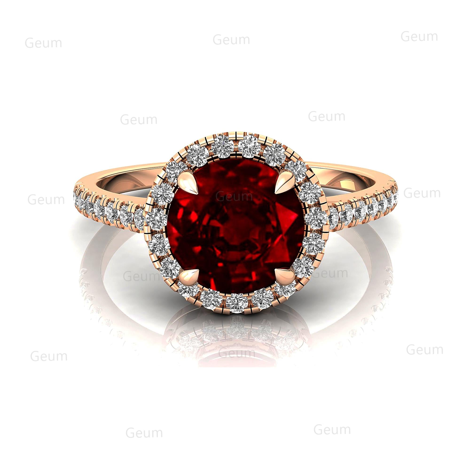 Classic Round Halo Diamonds with Solitaire Ruby Engagement Ring - GeumJewels