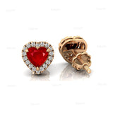 Heart Shaped Ruby Halo Diamond Stud Earrings - GeumJewels