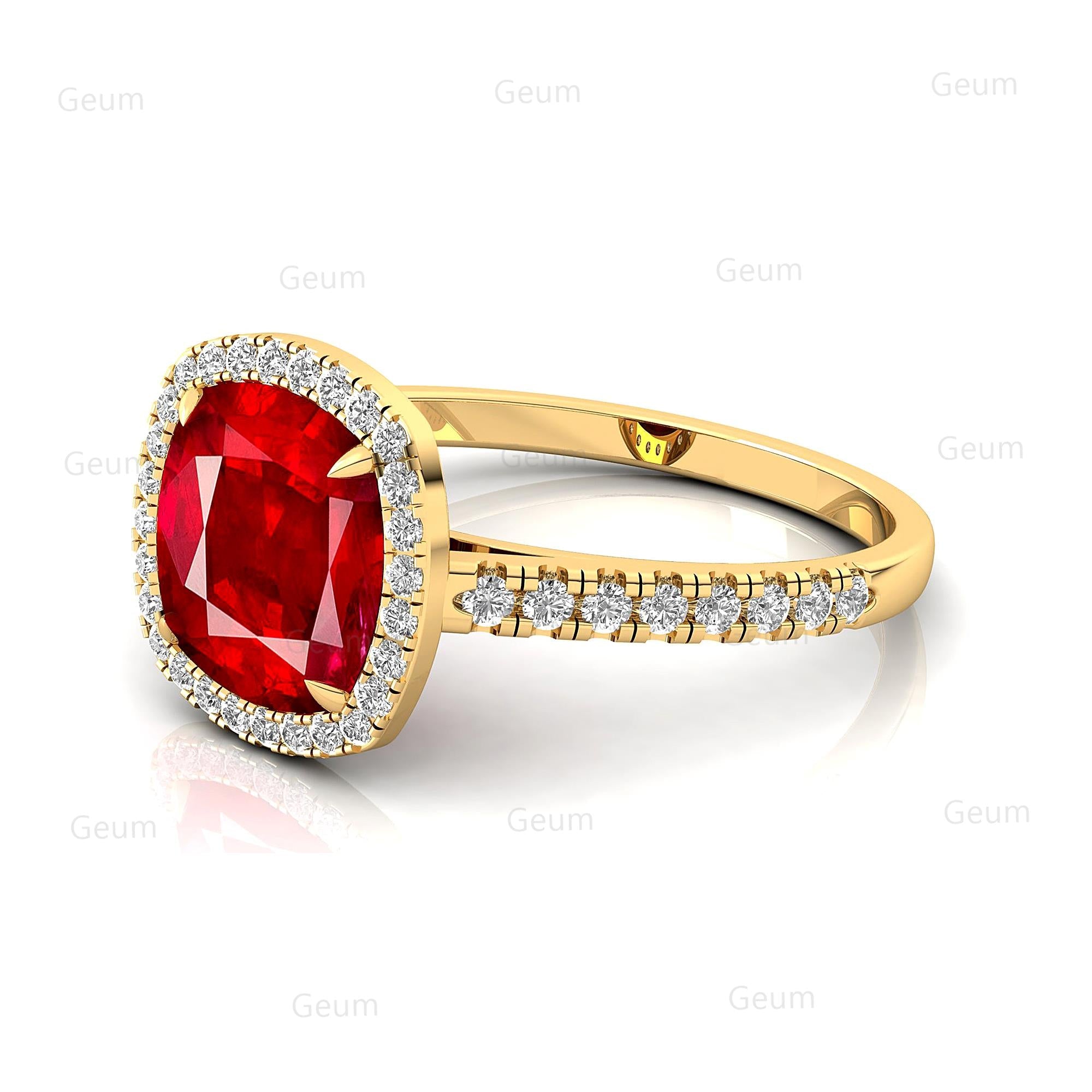 Halo Diamond Engagement Ring with Cushion Cut Ruby - GeumJewels