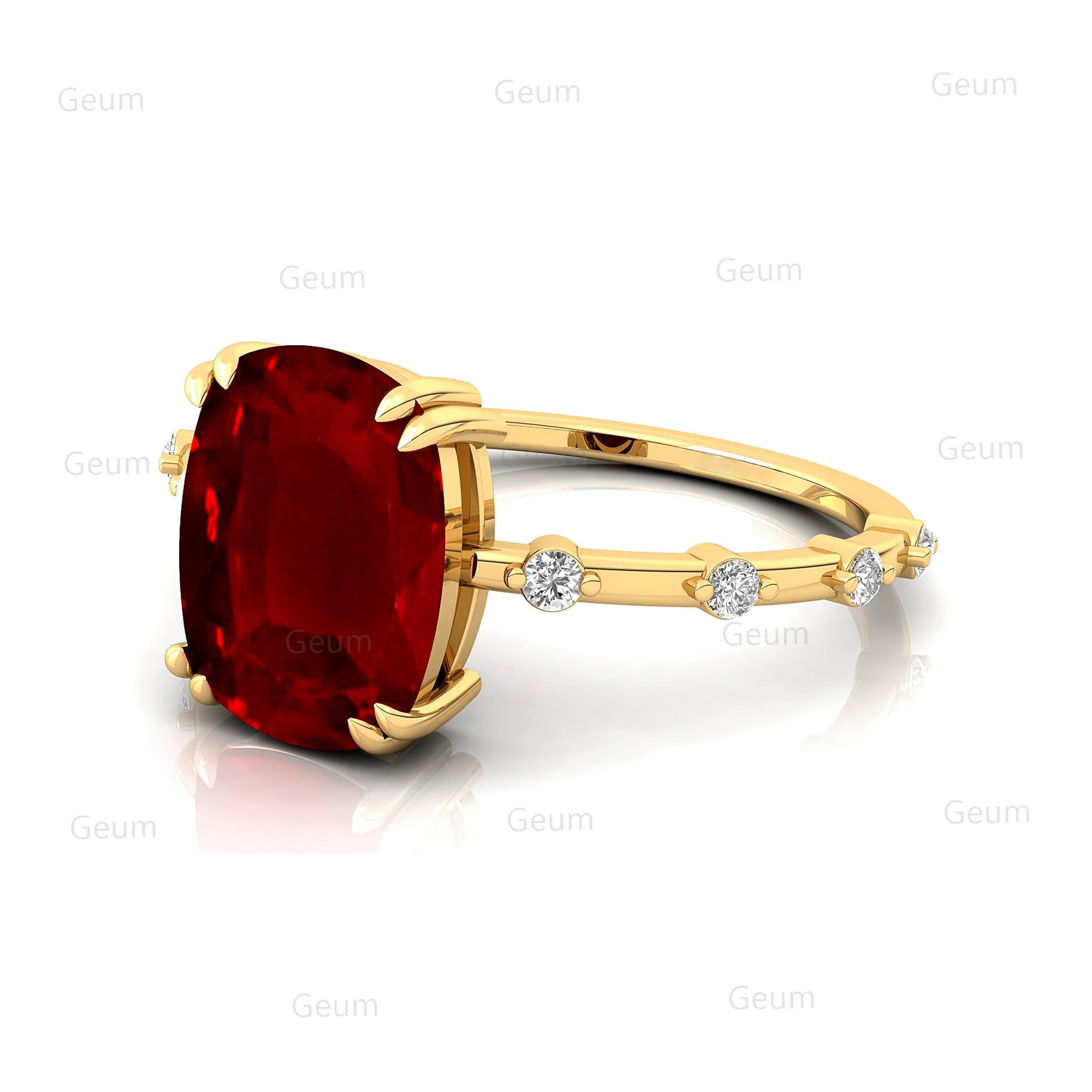 Cushion Cut Ruby Engagement Ring with Distant Diamond Band - GeumJewels