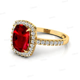 Elongated Cushion Halo Set Ruby Engagement Ring with Diamond Band - GeumJewels