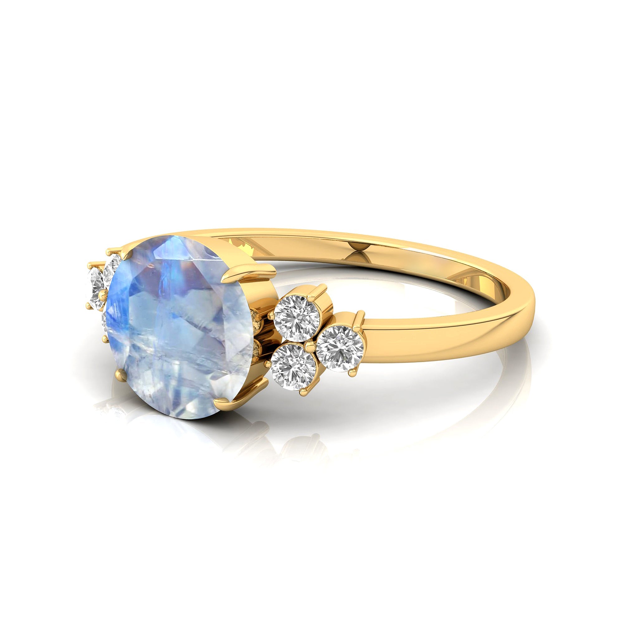 Trio Diamond Engagement Ring with Round Solitaire Moonstone - GeumJewels