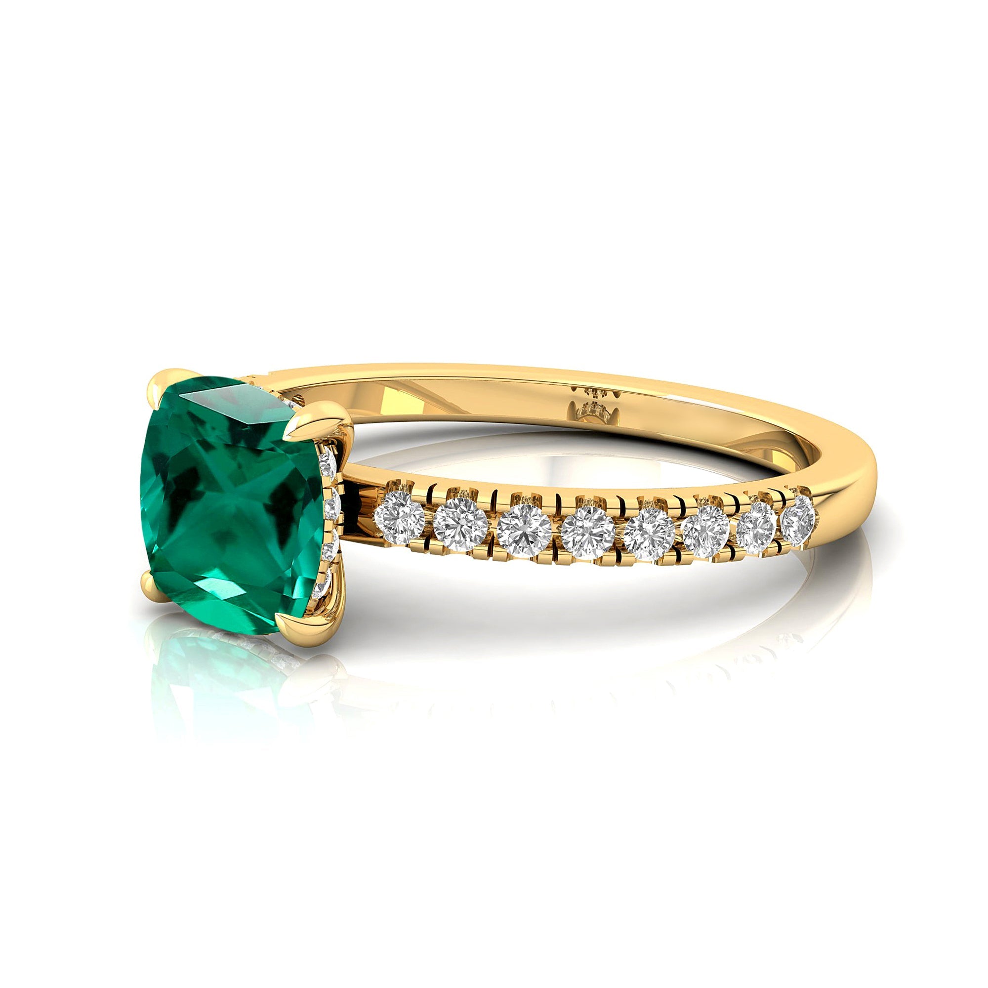 Emerald Square Cushion Under Halo Diamonds Thin Ring with Diamond Band - GeumJewels