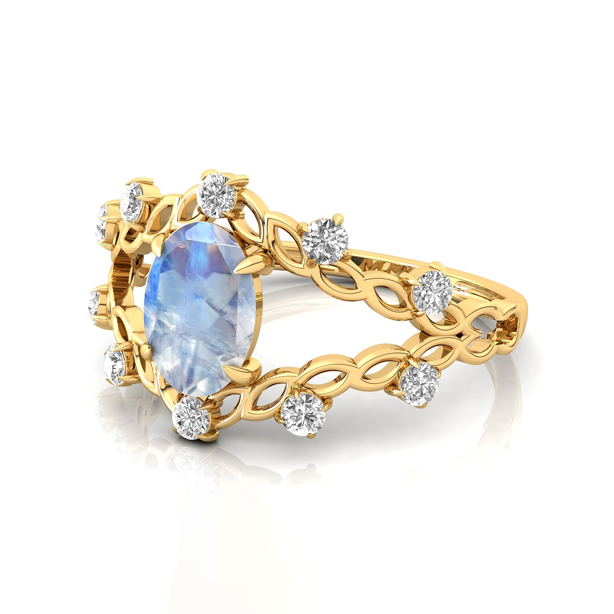 Flower Inspired Ring with Oval Shaped Moonstone and Accent Diamonds - GeumJewels