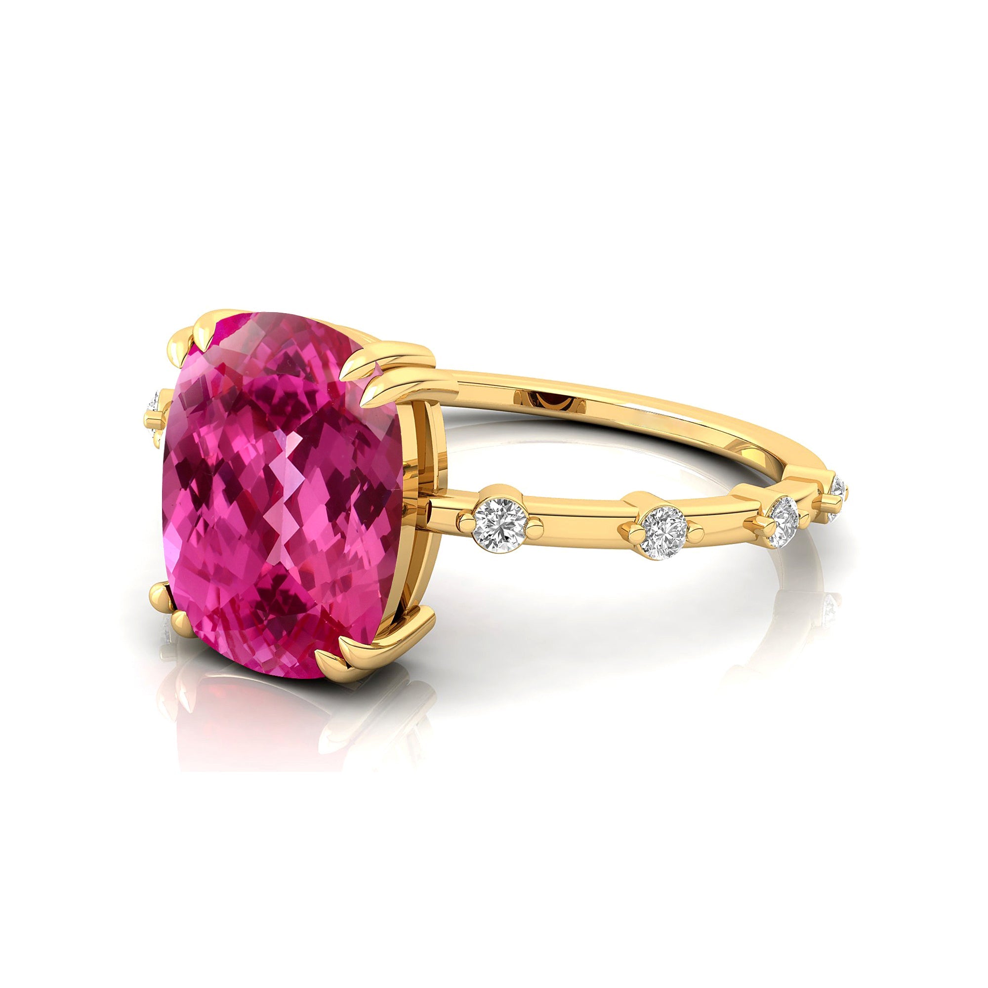 Cushion Cut Pink Sapphire Engagement Ring with Distant Diamond Band - GeumJewels