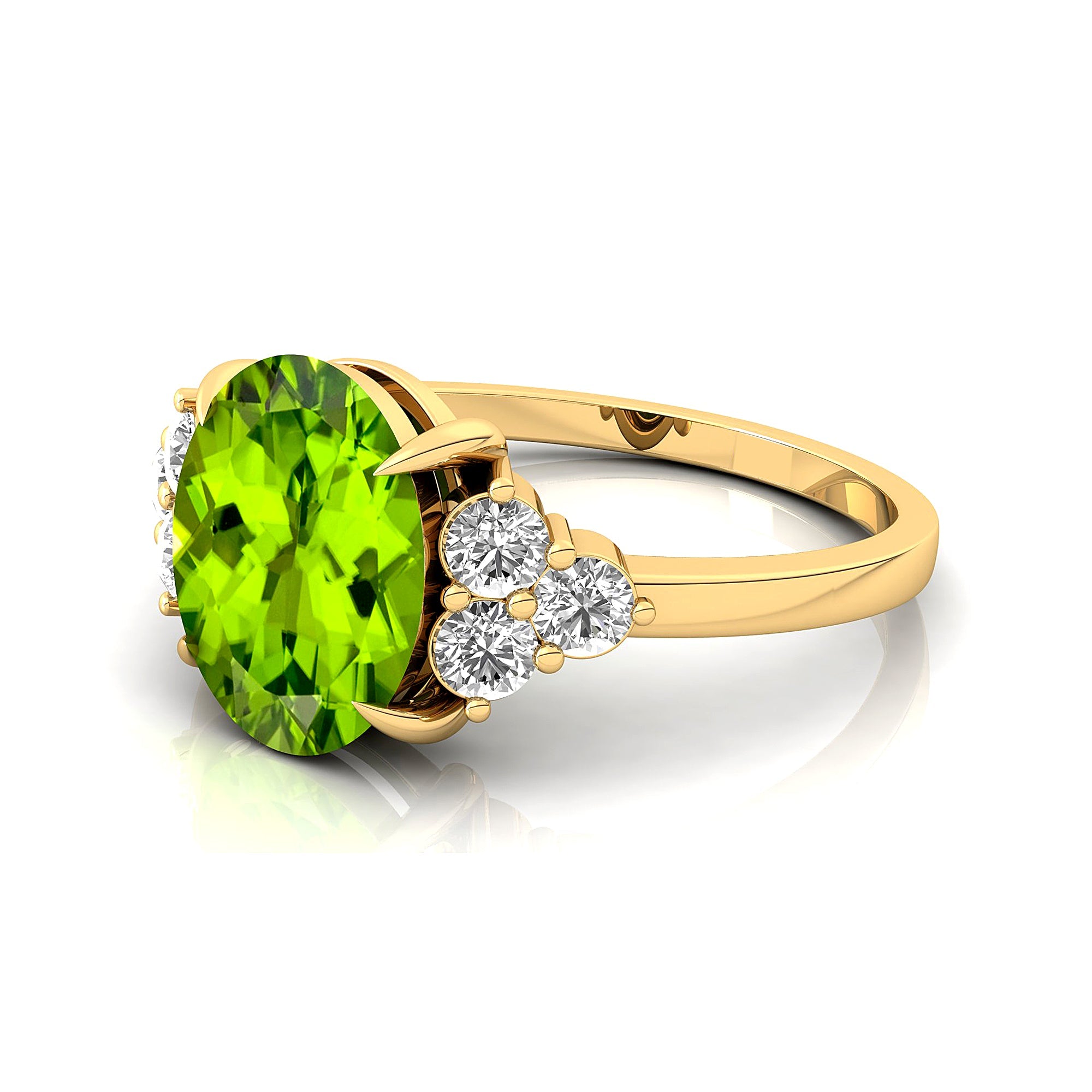 Trio Diamond Engagement Ring with Oval Cut Peridot - GeumJewels