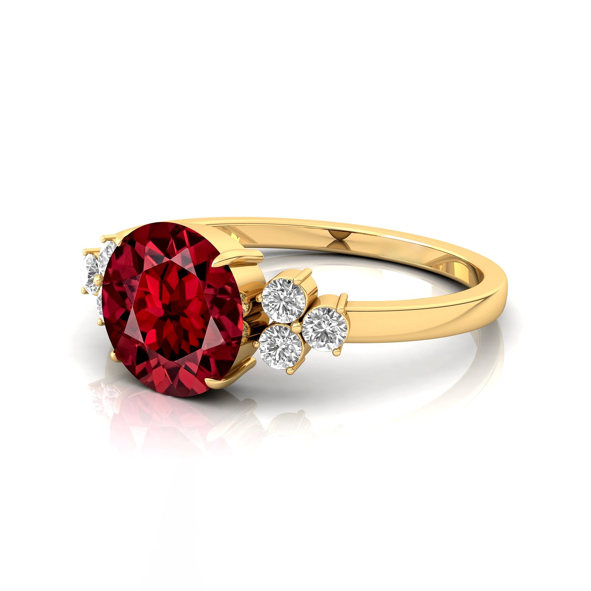 Trio Diamond Engagement Ring with Round Solitaire Garnet - GeumJewels