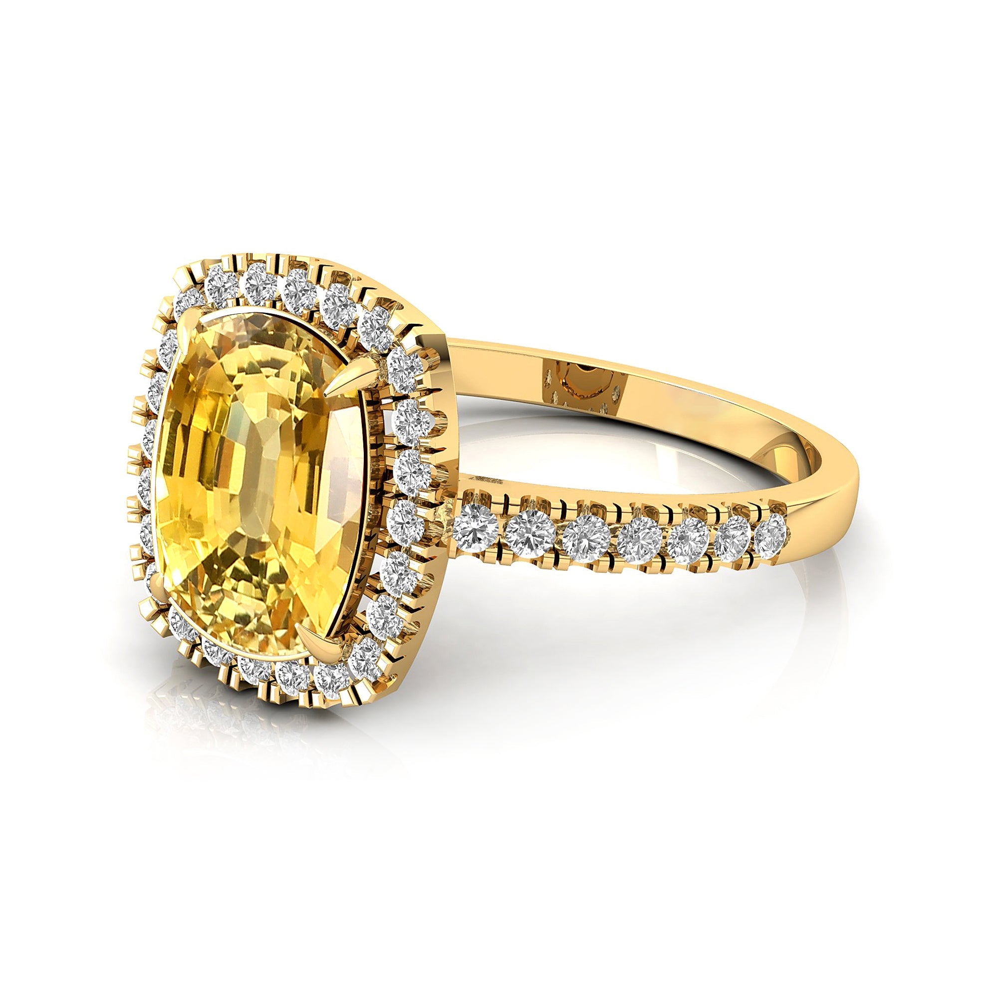 Elongated Cushion Halo Set Yellow Sapphire Engagement Ring with Diamond Band - GeumJewels