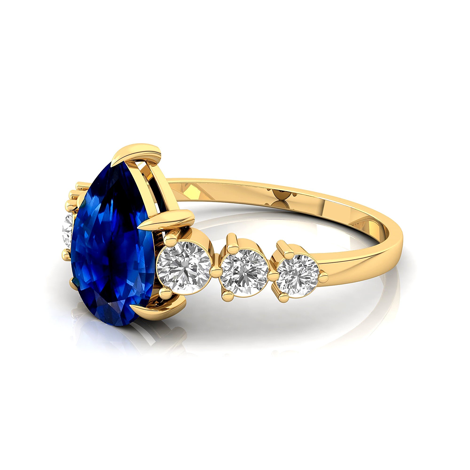Pear Cut Blue Sapphire with Graduated Diamonds Ring - GeumJewels