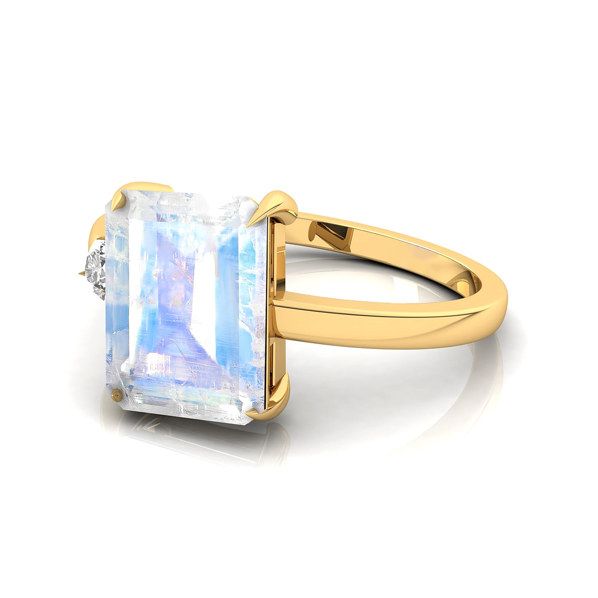 Emerald Shaped Moonstone with 3mm Accent Solitaire Engagement Ring - GeumJewels