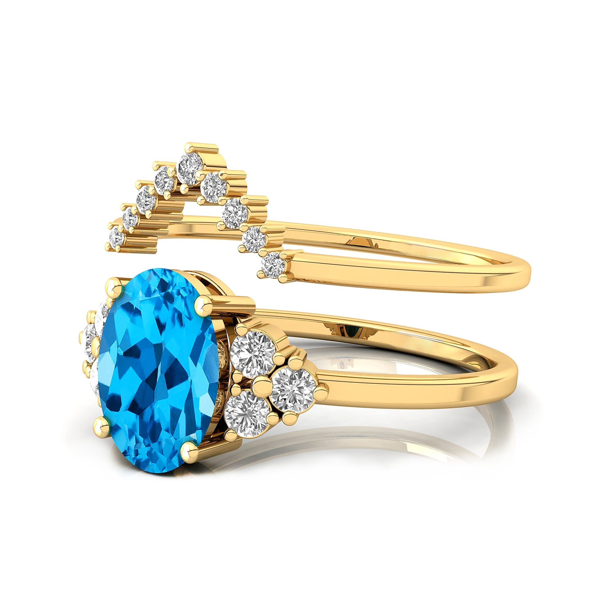 Swiss Topaz Solitaire Gold Ring With Stackable Diamond Band - GeumJewels