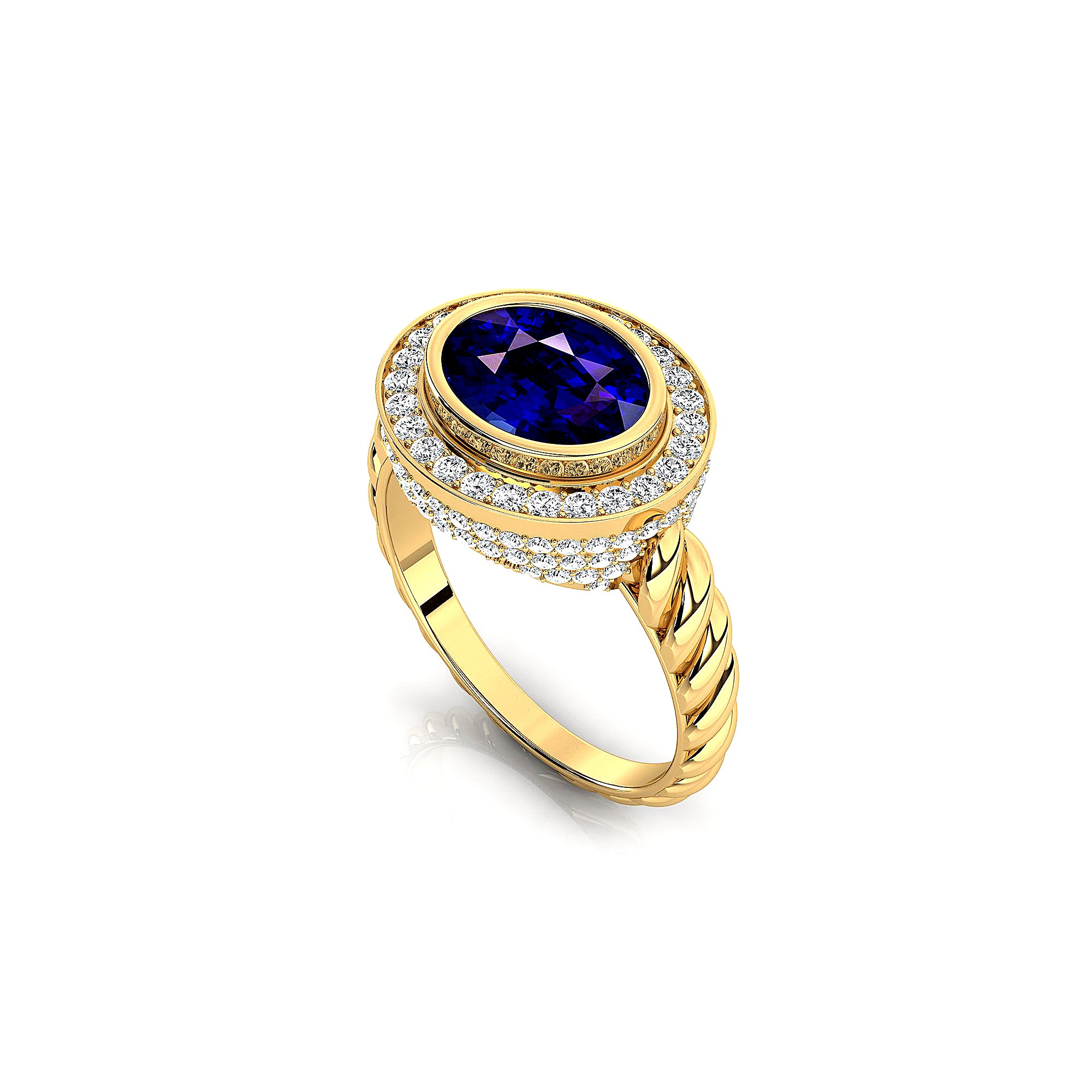 Vintage Style Elongated Oval Blue Sapphire Halo Diamond Twisted Ring - GeumJewels
