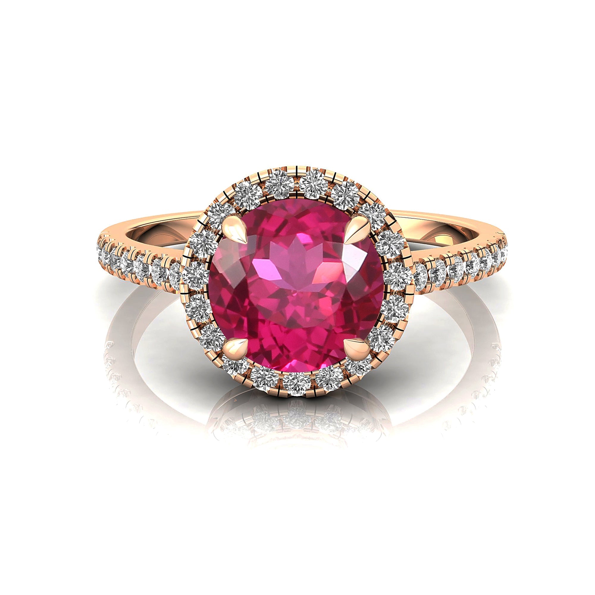 Classic Round Halo Diamonds with Solitaire Pink Sapphire Engagement Ring - GeumJewels