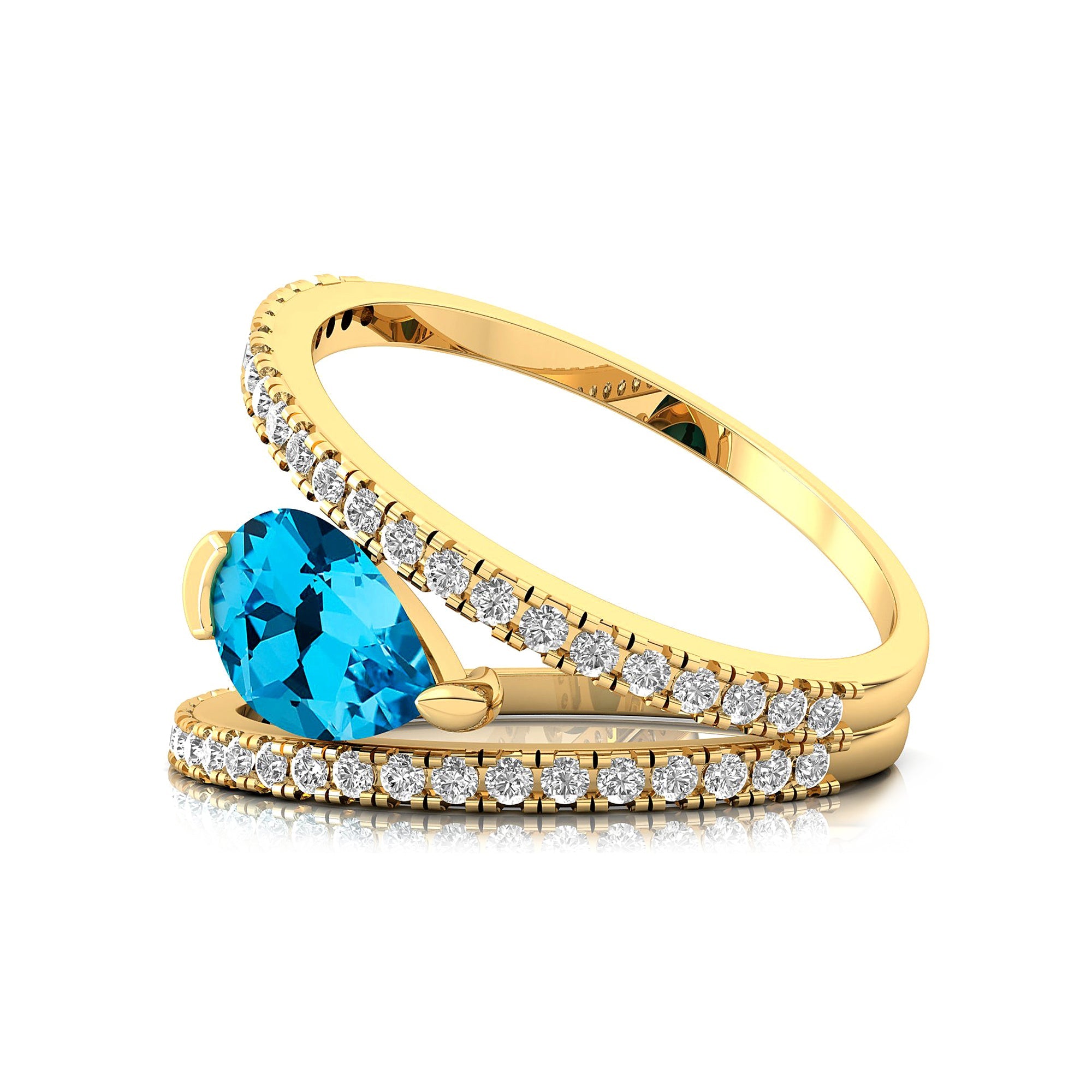 Fashionable V Shaped Diamond Ring with Pear Cut Swiss Blue Topaz - GeumJewels