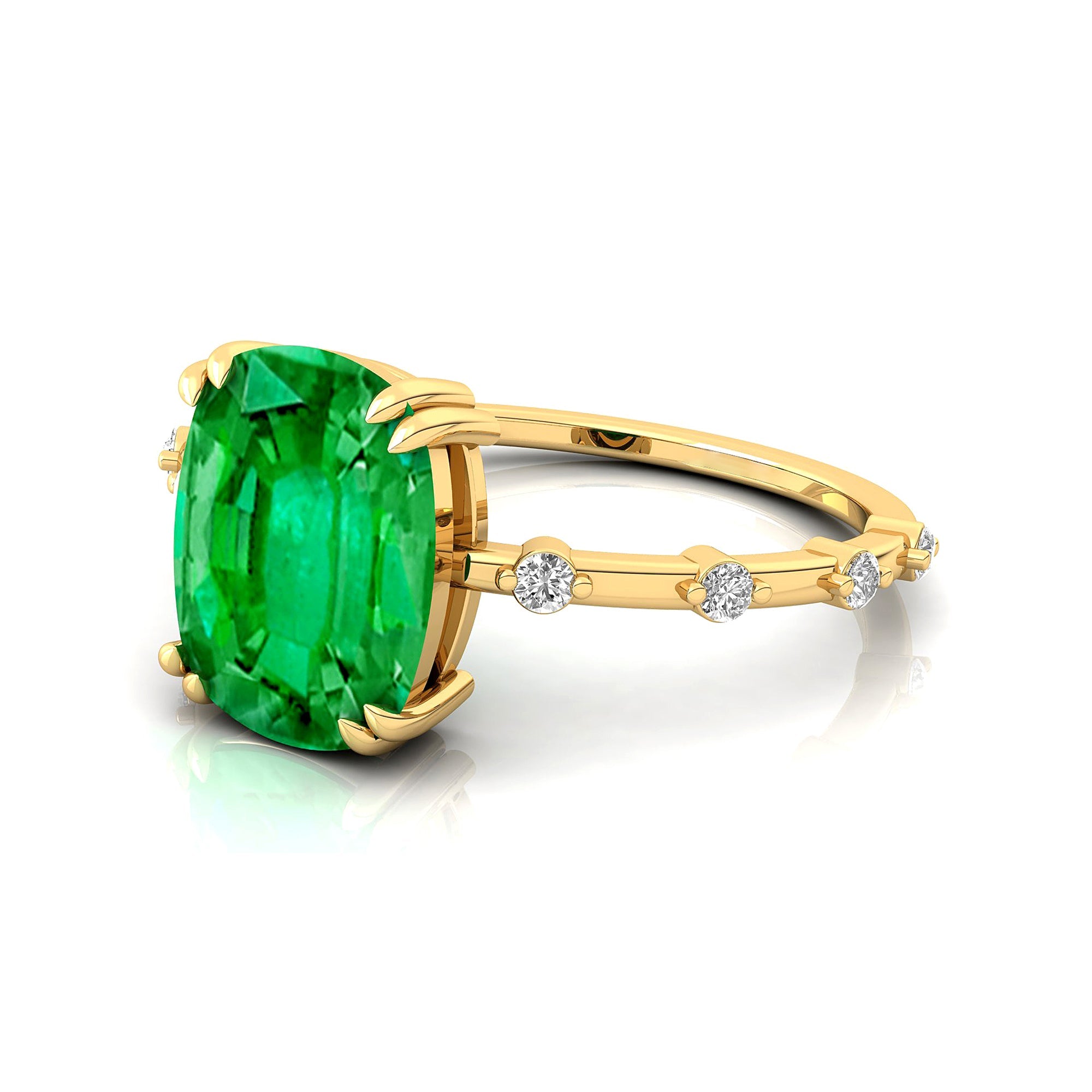Cushion Cut Emerald Engagement Ring with Distant Diamond Band - GeumJewels