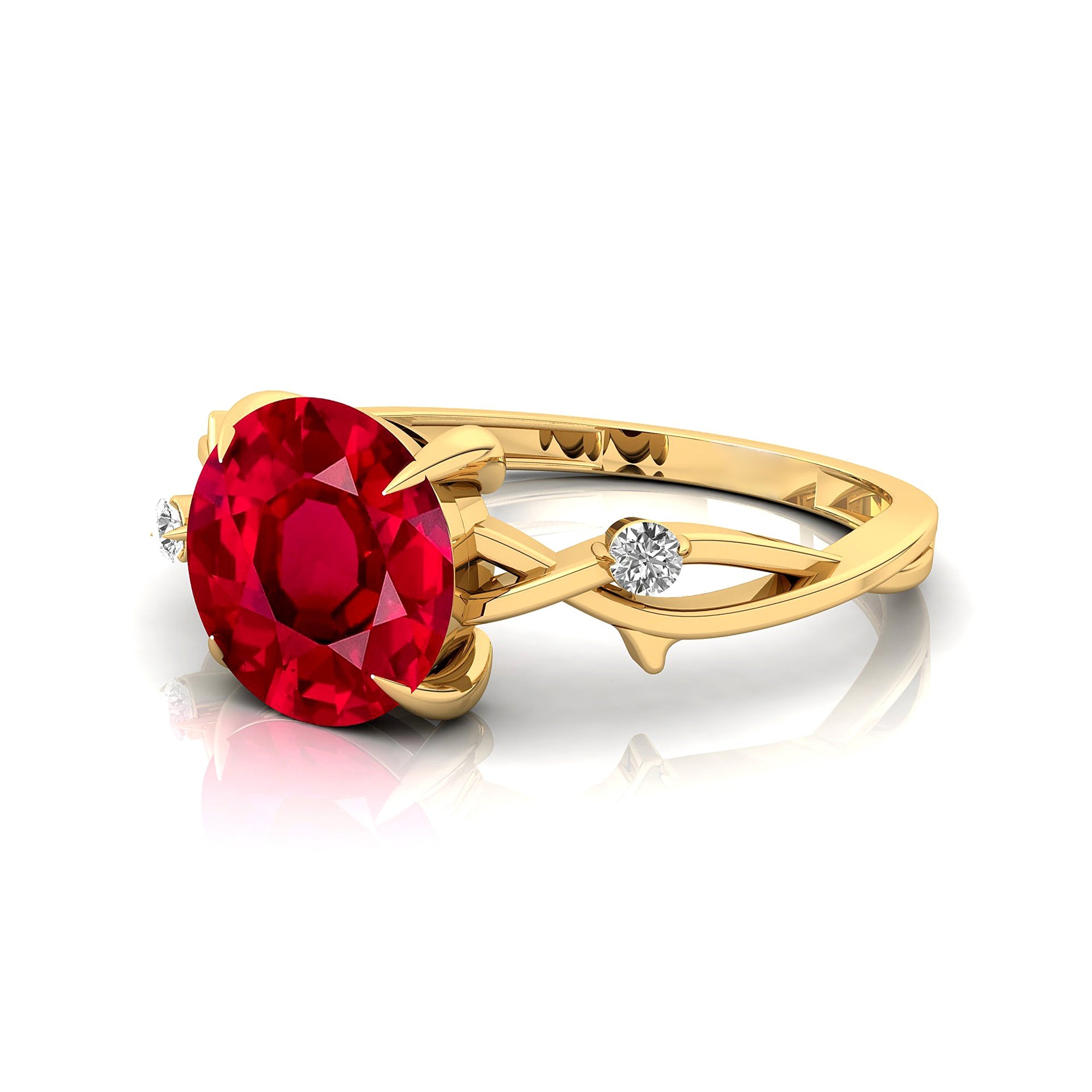 Criss Cross Nature Inspired Diamond Ring  with Round Ruby - GeumJewels