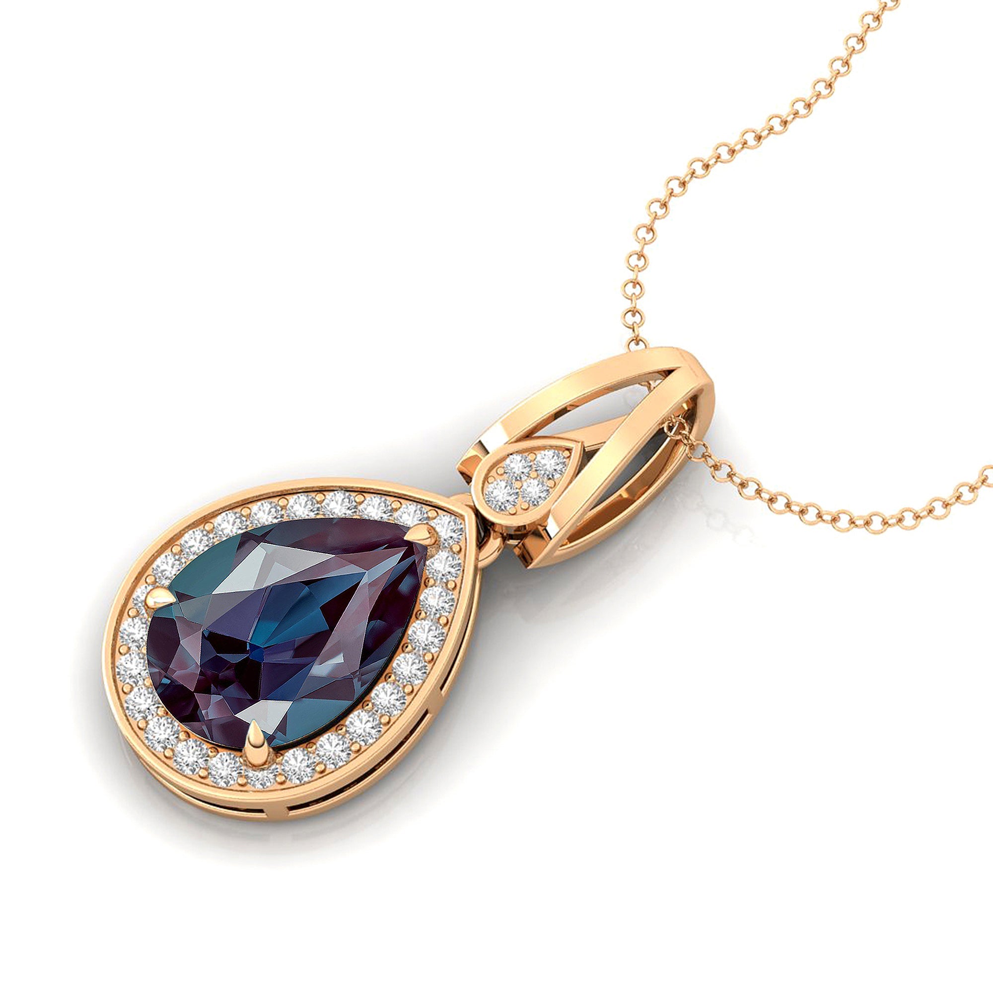 Classic Teardrop Shaped Alexandrite Halo Diamond Dangle Pendant - GeumJewels