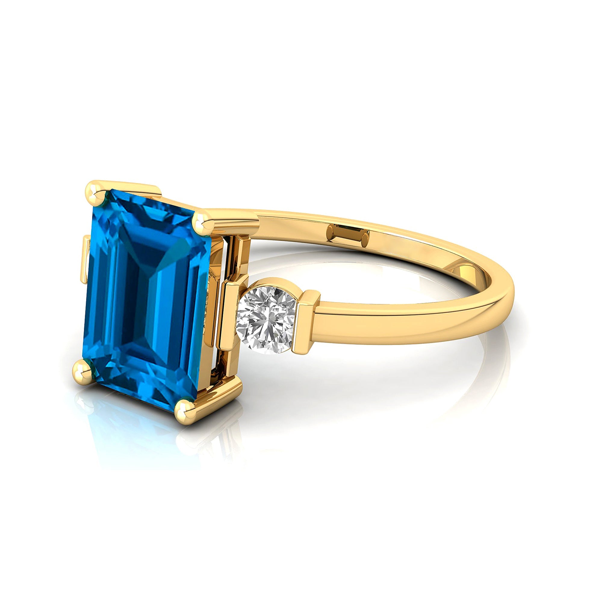 Emerald Cut Swiss Blue Topaz and Diamond Three Stone Ring - GeumJewels