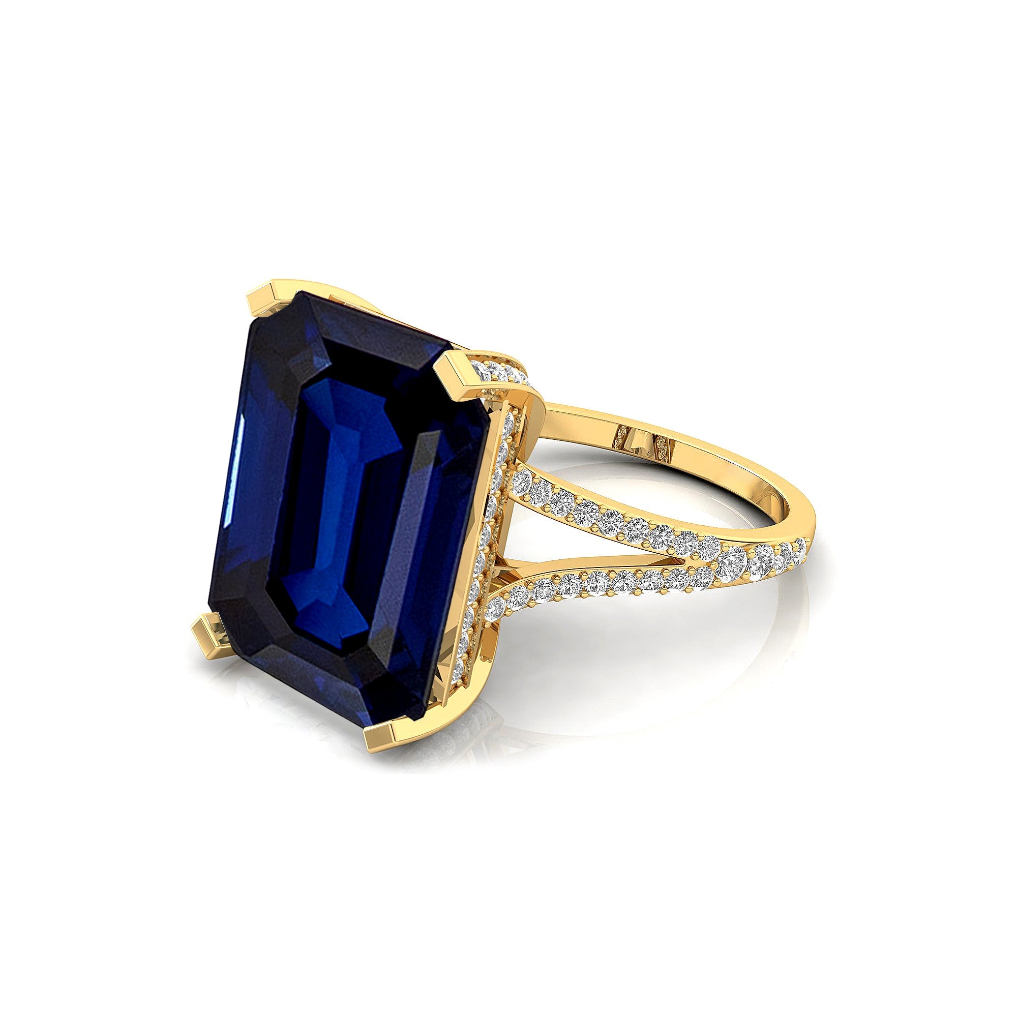 Emerald Cut Blue Sapphire Split Shank Engagement Ring with Diamonds - GeumJewels