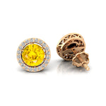 Round Solitaire Yellow Sapphire Halo Diamond Stud Earrings - GeumJewels
