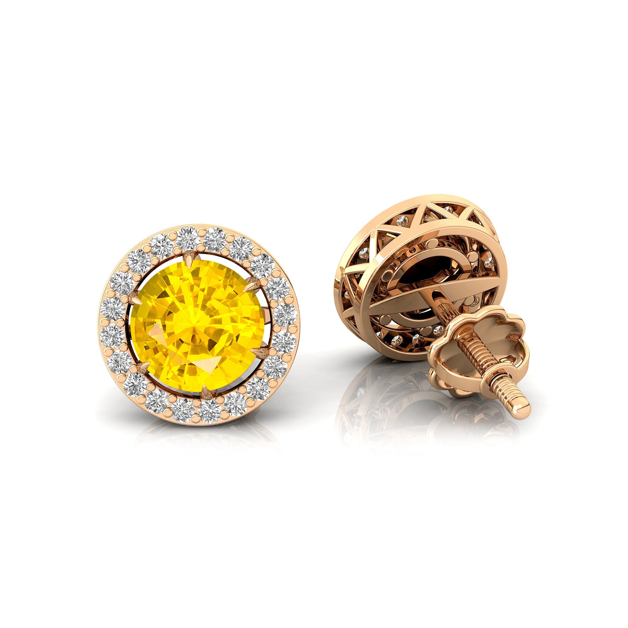 Round Solitaire Yellow Sapphire Halo Diamond Stud Earrings - GeumJewels