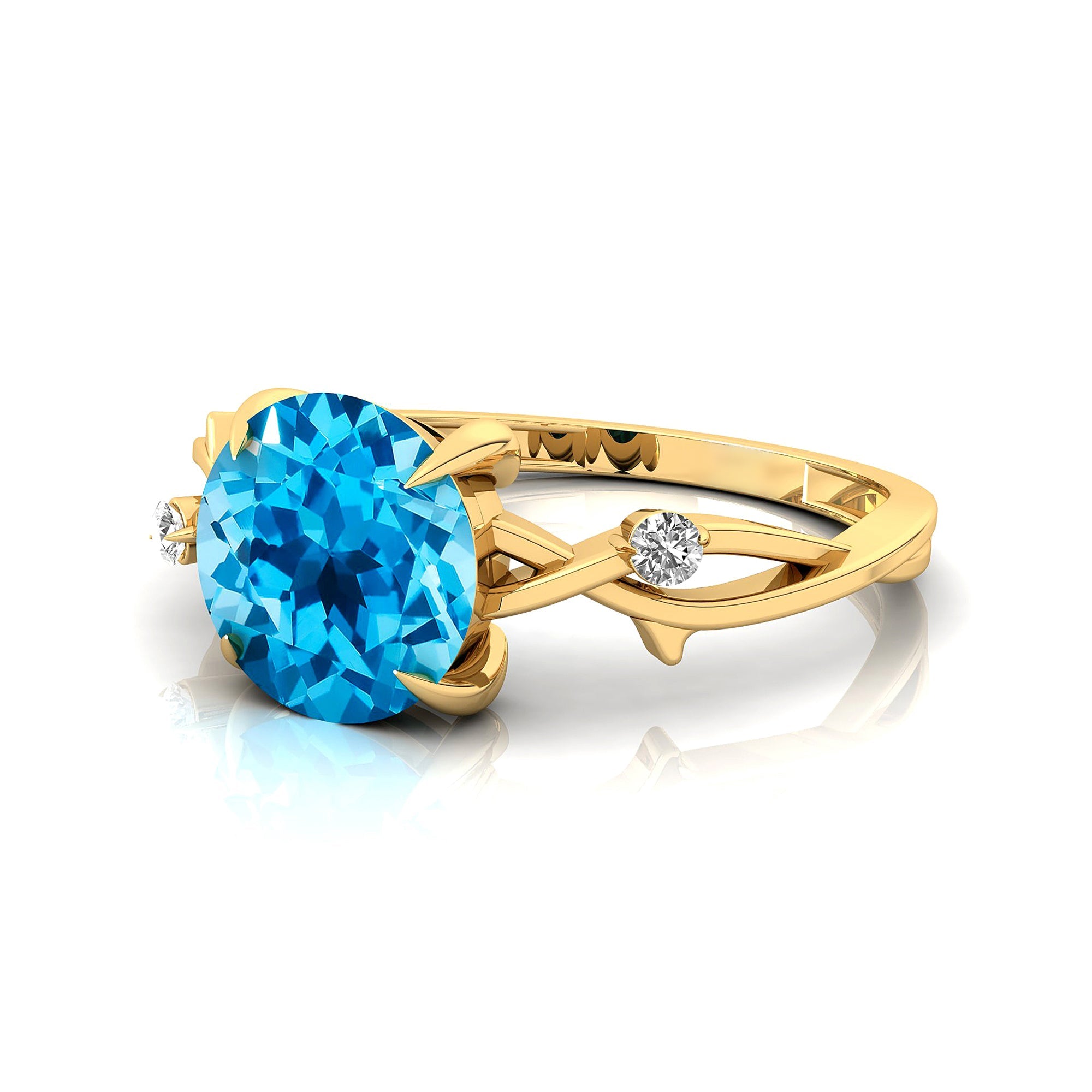 Criss Cross Nature Inspired Diamond Ring  with Round Swiss Blue Topaz - GeumJewels
