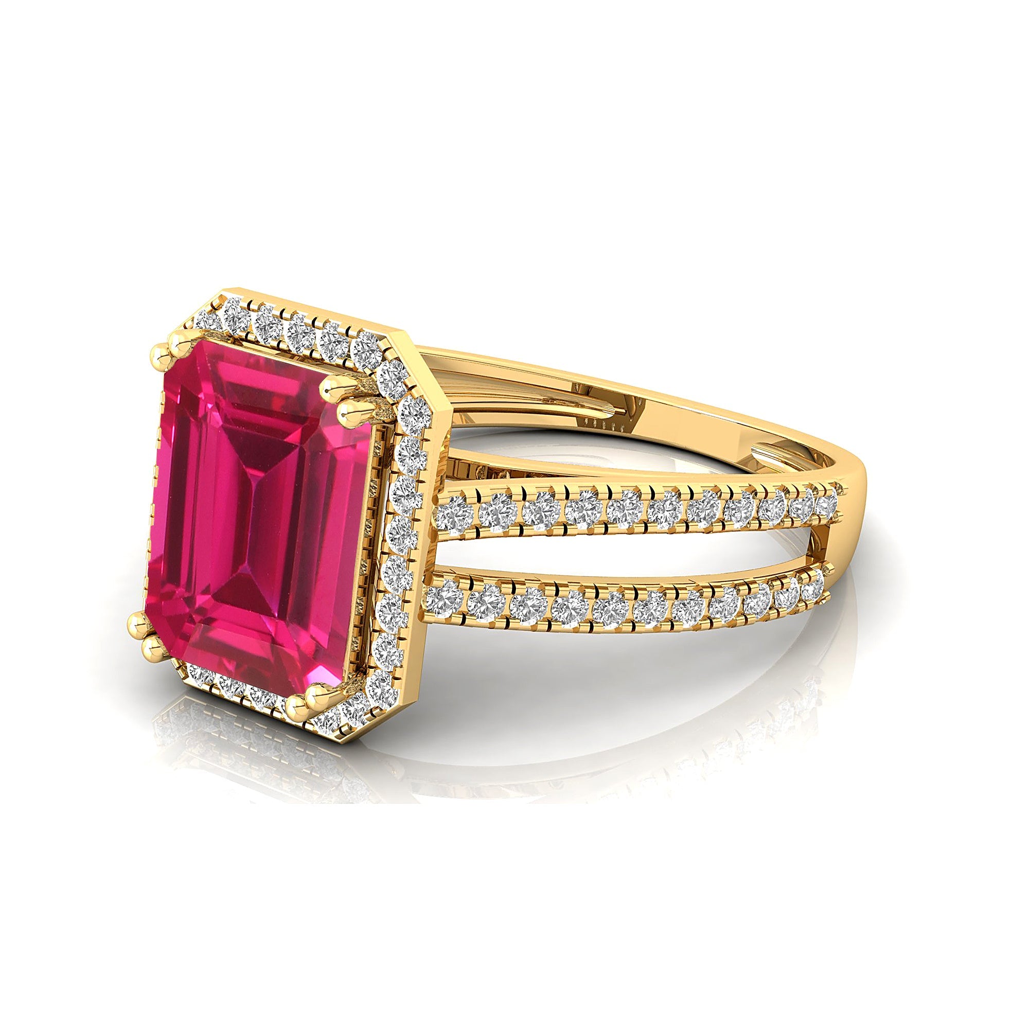 Halo Set Emerald Shaped Pink Sapphire Split Shank Ring with Accent Diamonds - GeumJewels