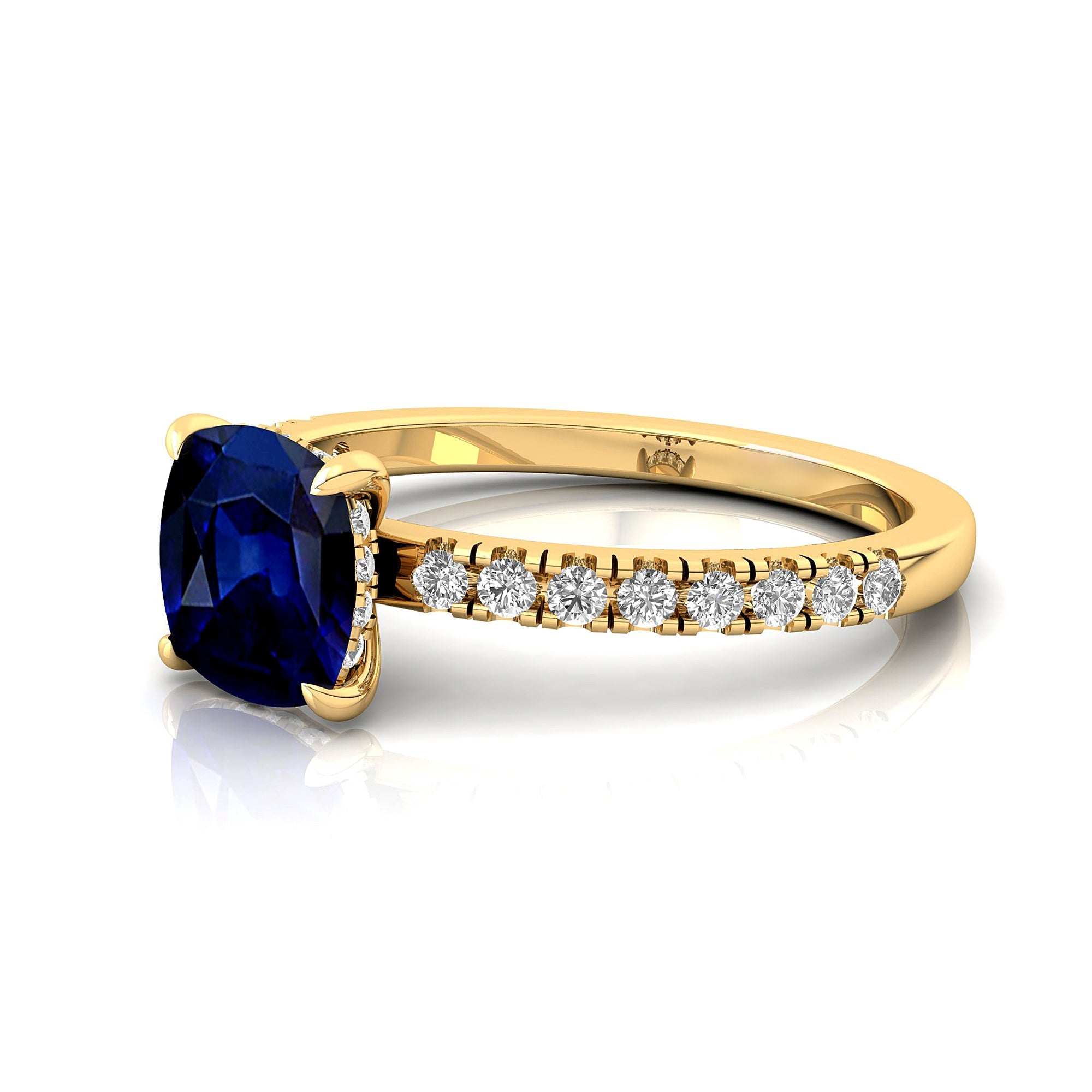 Blue Sapphire Square Cushion Under Halo Diamonds Thin Ring with Diamond Band - GeumJewels