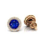 Round Solitaire Blue Sapphire Halo Diamond Stud Earrings - GeumJewels